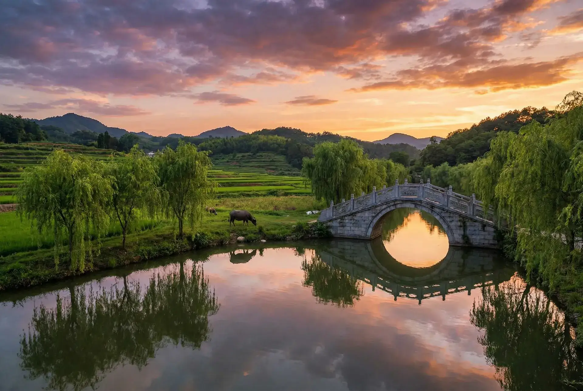 夕阳下的石拱桥与垂柳，水牛在河边吃草 - 不可以是学长上课呢 乡村美景