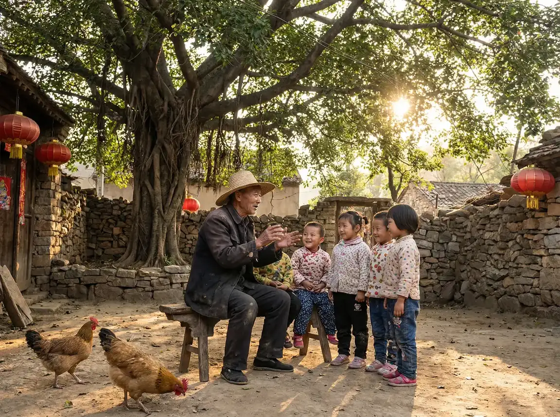 老人在大榕树下给孩子们讲故事 - 不可以是学长上课呢 乡村记忆